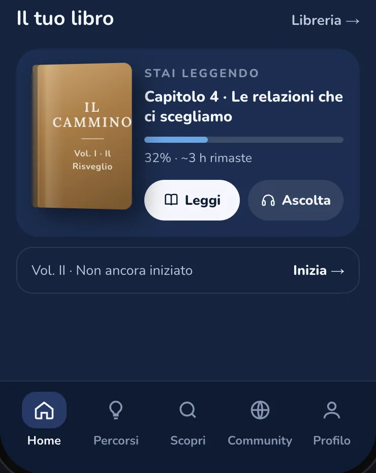 La Home de la app Flowin: la tarjeta de tu libro con el capítulo en lectura, el progreso y los botones para leer y escuchar.