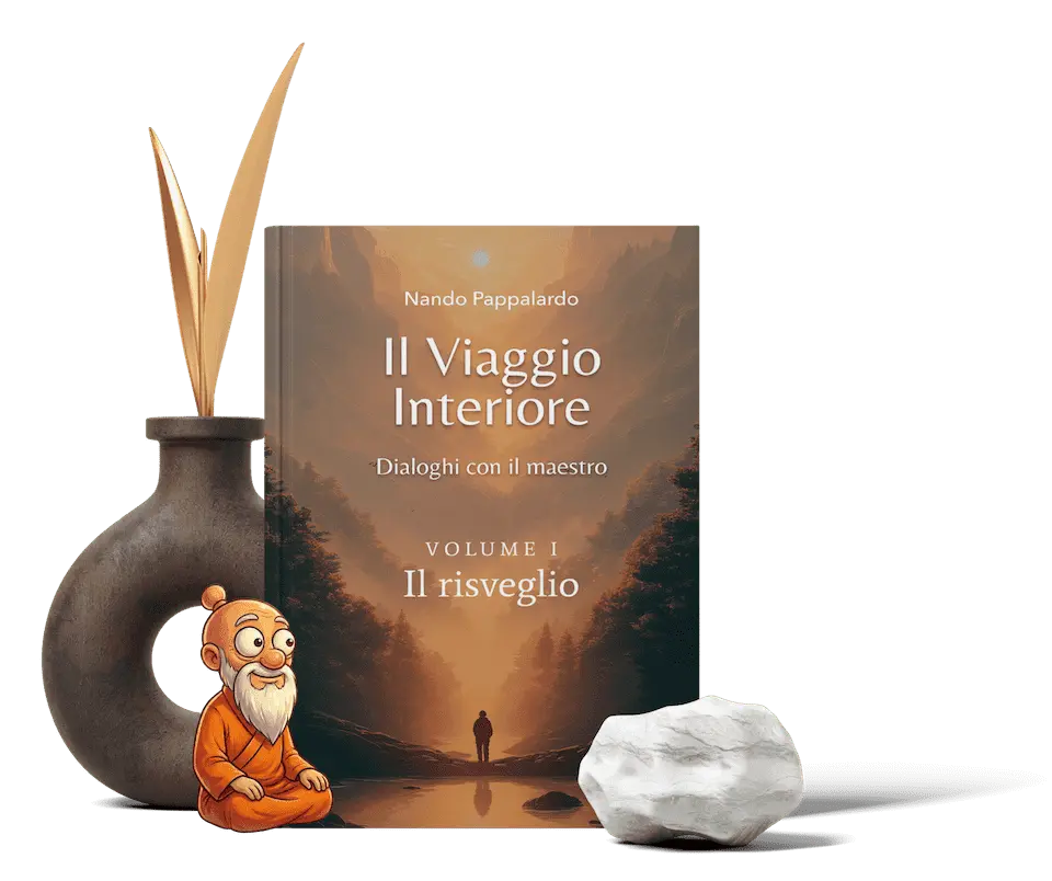 Libro El Viaje Interior con elementos decorativos y sabio meditando.