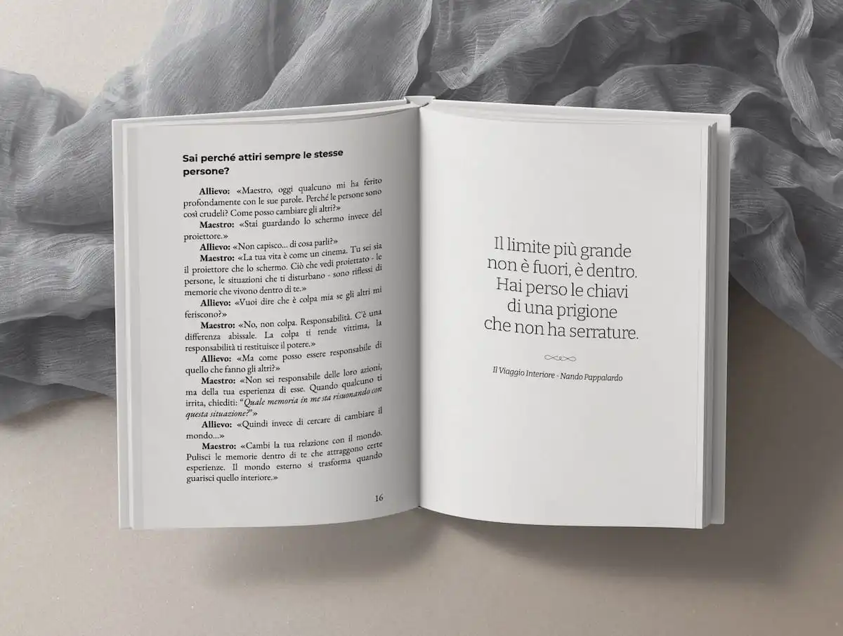 Libro abierto con extracto de diálogo de El Viaje Interior, volumen I.